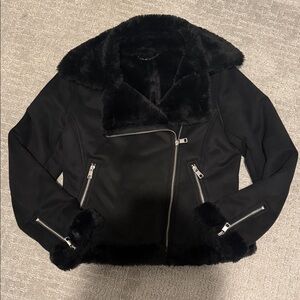 Banana Republic Black Leather Jacket with Faux Fur Trim